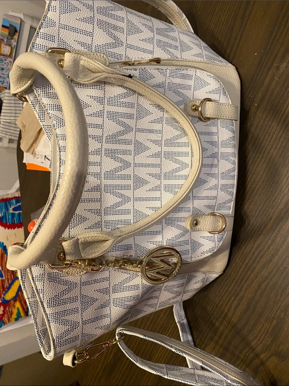 White Patterned Women's Satchel Bag with Gold Accents